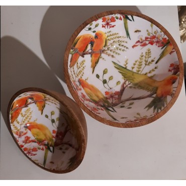 Saladier en manguier décor perroquets 24cm